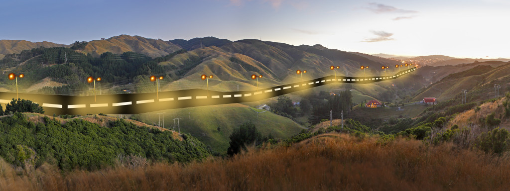 mock up showing route of proposed Takapu Valley motorway, Feb 2014